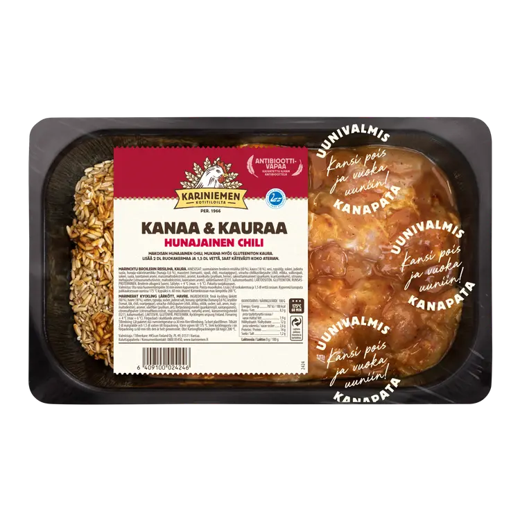 Kariniemen Kananpojan Uunivalmis pata, Kanaa ja kauraa hunajainen chili 650 g