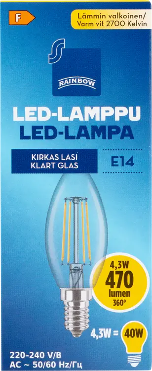 Rainbow LED-kynttilälamppu 4,3W E14 2700K 470lm kirkas lasi