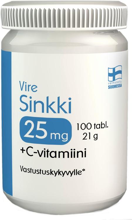 Vire Sinkki + C-vitamiinivalmiste Sinkki 25 mg + C-vitamiini 100 tabl / 21 g