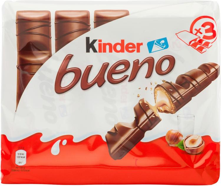 Kinder Bueno 3-pack maitosuklaapäällysteinen vohveli maitoisalla hasselpähkinätäytteellä x 43g