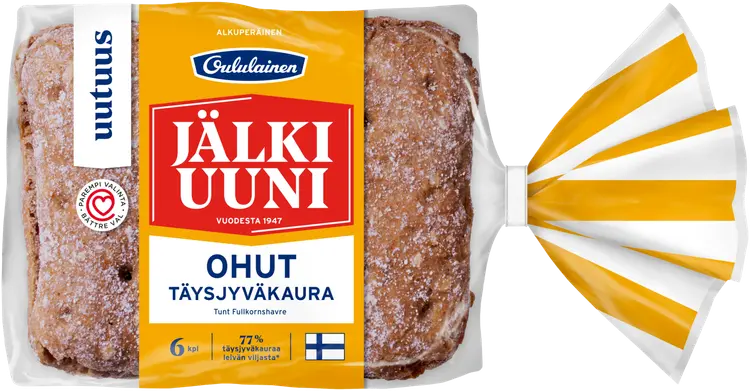 Oululainen Jälkiuuni Ohut Täysjyväkaura 6kpl 280g, täysjyväkauraleipä