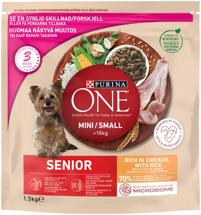 Purina ONE 1,5kg Small Dog < 10 kg Senior 8+, Runsaasti kanaa, Sisältää Riisiä koiranruoka