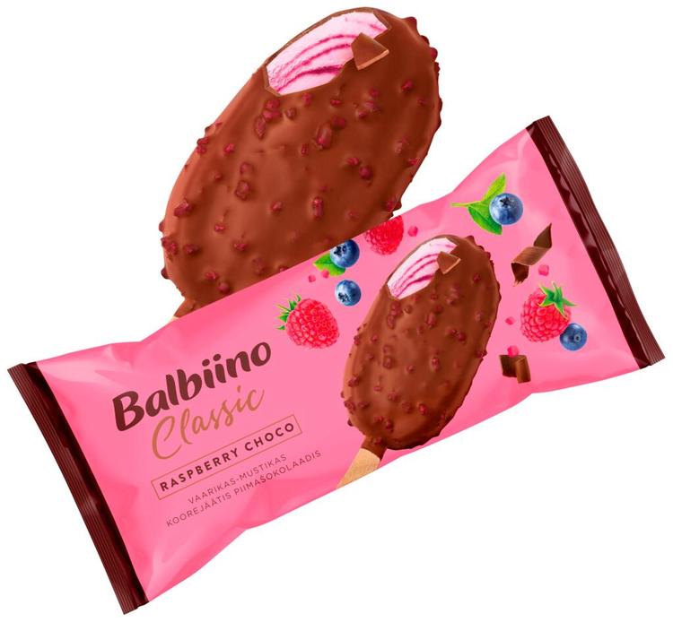 CLASSIC Vaarika-koorejäätis mustika-vaarikalisandi ja vaarikatükkidega piimašokolaadiglasuuris 100ml/69g