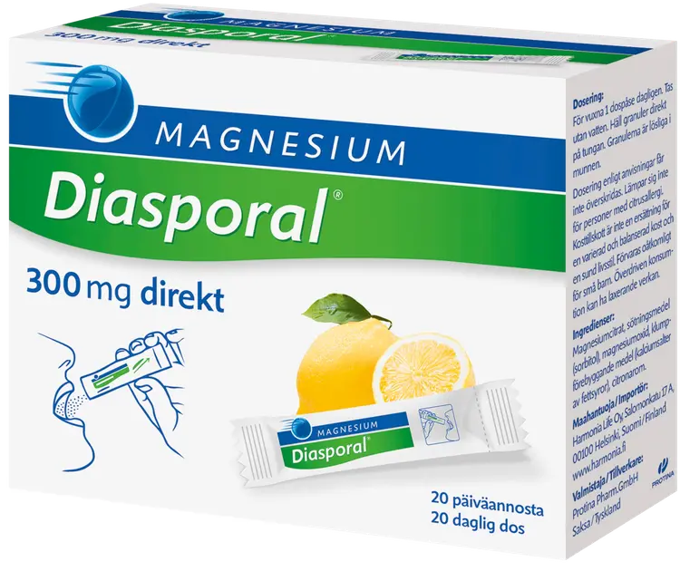 Diasporal sitruunanmakuinen magnesium-annosrae 300mg Direkt ravintolisä 27g/20kpl