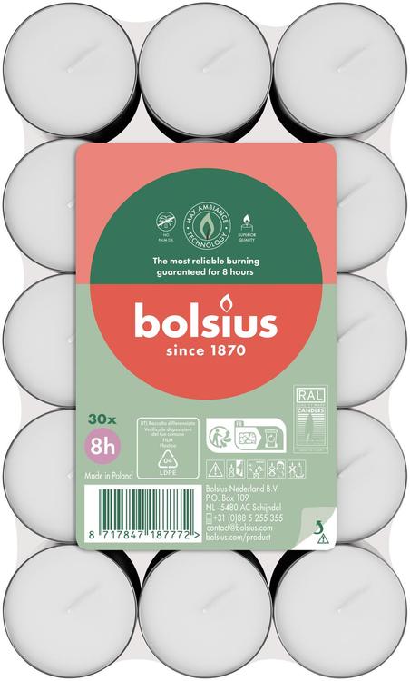 Bolsius – lämpökynttilät – 8 tunnin paloaika – 30 kpl/pakkaus