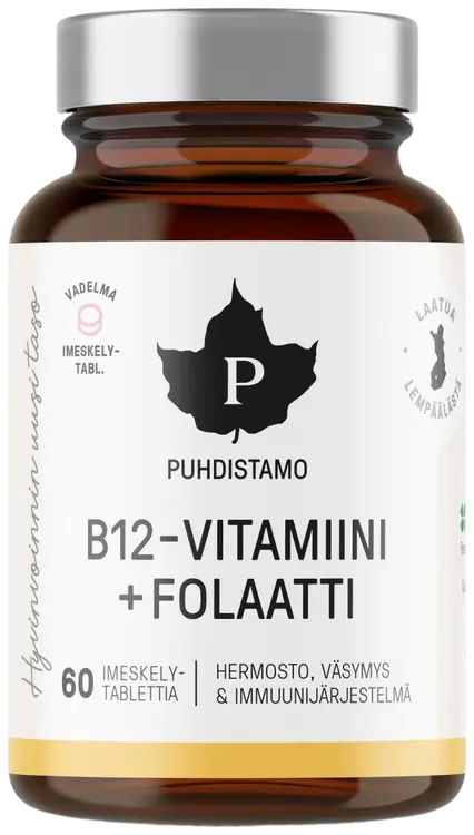 Puhdistamo B12-vitamiini + Folaatti Vadelma 60 tablettia