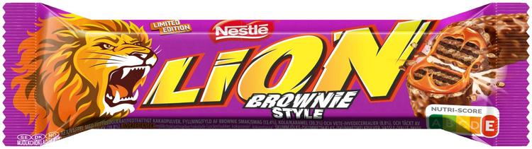 Nestlé Lion 40g vähärasvaista kaakaojauhetta sisältävä vohveli, brownien makuista täytettä, toffeeta ja vehnämuroja, kuorrutettu maitosuklaalla