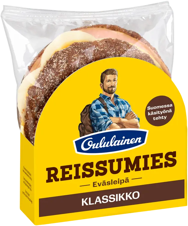 Oululainen Reissumies Eväsleipä Klassikko 160g, täytetty täysjyväruisleipä kinkku-juusto-muna
