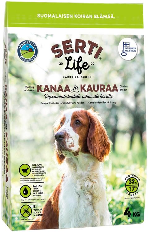 Serti Life Kanaa ja kauraa, kotimainen täysravinto kaikille aikuisille koirille.