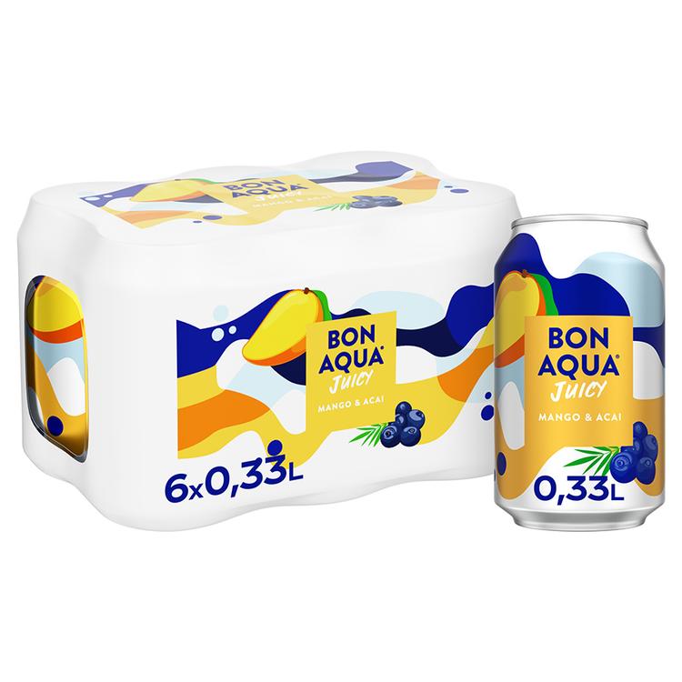 6-pack Bonaqua Juicy Mango Acai hiilihap. juoma tölkki 0.33 L