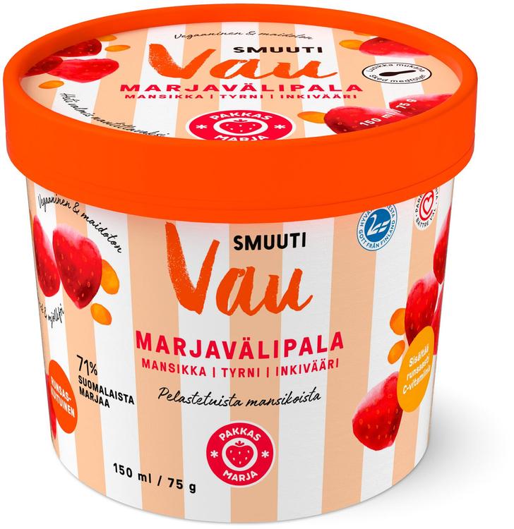 Pakkasmarja Smuuti Vau Marjavälipala Mansikka, tyrni & inkivääri 150ml/75g