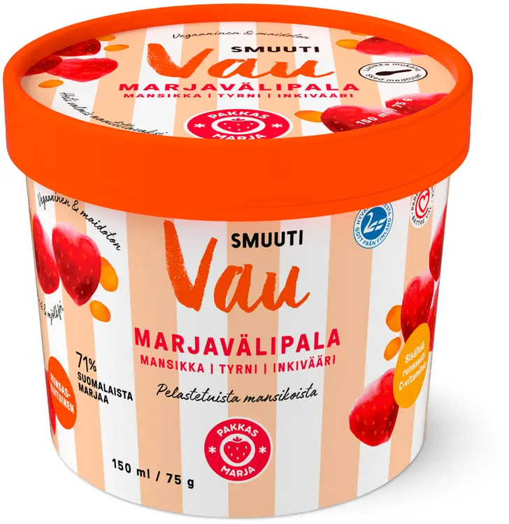 Pakkasmarja Smuuti Vau Marjavälipala Mansikka, tyrni & inkivääri 150ml/75g