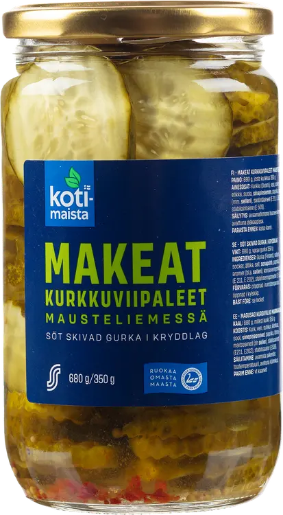 Kotimaista 680g/350g makeat kurkkuviipaleet mausteliemessä