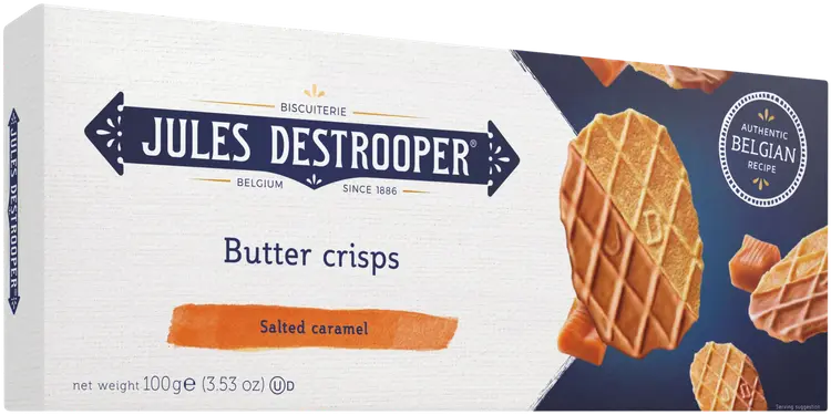 Jules Destrooper Butter Crisp Salted Caramel 100g, Voivohveli päällystetty suolatulla karamelliyhdistelmällä