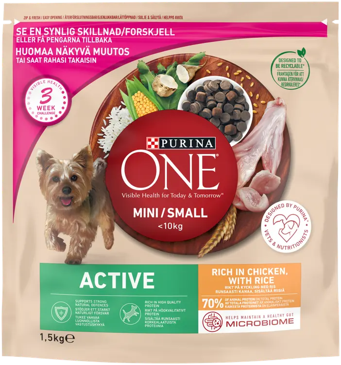 Purina ONE 1,5kg Small Dog <10kg Active Runsaasti Kanaa, sisältää Riisiä koiranruoka