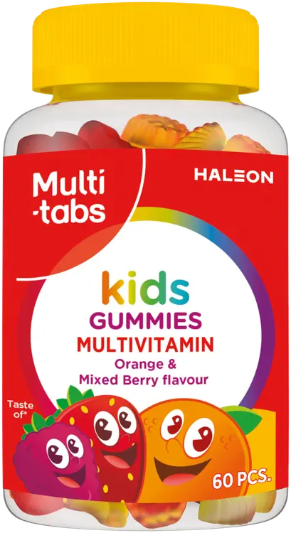 Multi-tabs Kids Gummies Monivitamiini, Appelsiinin ja Marjanmakuinen pehmeä, sokeriton ja pureskeltava monivitamiinivalmiste, 60 kpl