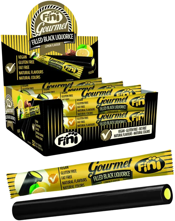 Fini Black liquorice Lemon gluteeniton sitruunanmakuinen täytelakritsipatukka 32g