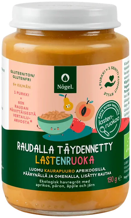 Nôgel luomu kaurapuuro aprikoosilla, päärynällä ja omenalla, lisätty rautaa, 190 g 6kk+