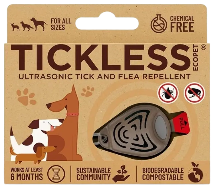 Tickless-ecopet, ultraääni punkkikarkoitin. Tuote ja pakkaus valmistettu kierrätysmateriaaleista.