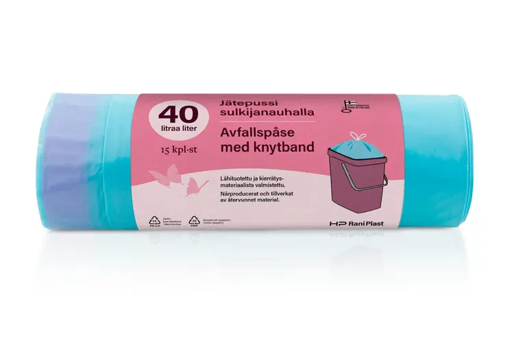 HP Rani Plast AB 40L jätepussi sulkijanauhalla, 15 kpl