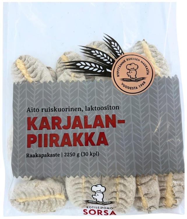 Kotileipomo Sorsa Karjalanpiirakka riisi, laktoositon, 30 kpl, 2250 g, raakapakaste