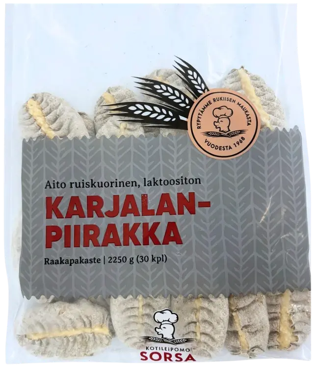 Kotileipomo Sorsa Karjalanpiirakka riisi, laktoositon, 30 kpl, 2250 g, raakapakaste