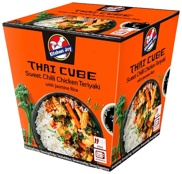 Kitchen Joy Thai Cube Sweet Chili Teriyaki -kanaa ja jasmiiniriisiä pakasteateria 350g
