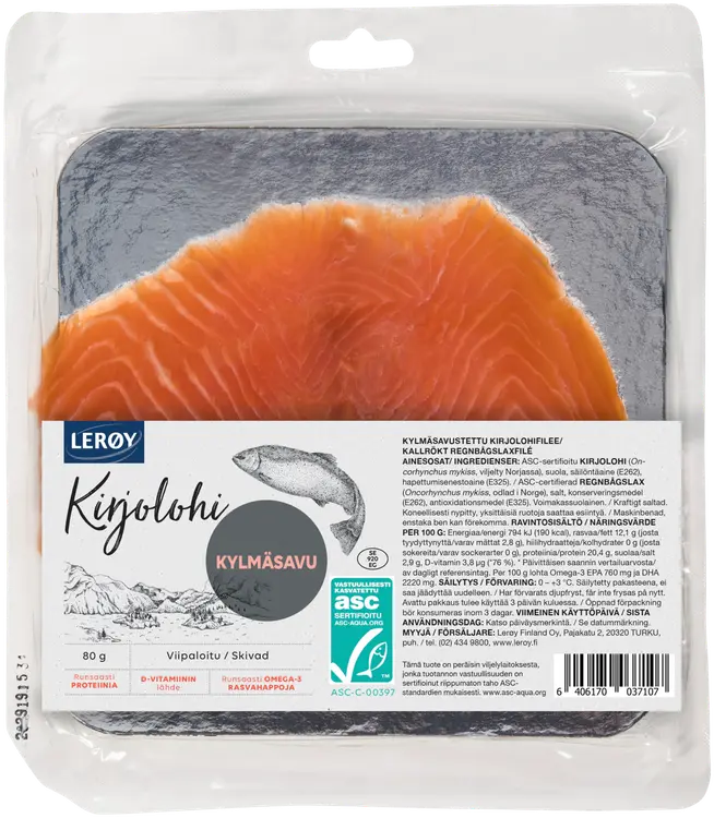 Lerøy kylmäsavustettu kirjolohifilee viipaloitu ASC 80g