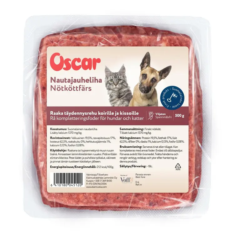 Oscar Nautajauheliha raakapakastettu täydennysravinto koirille ja kissoille 500g