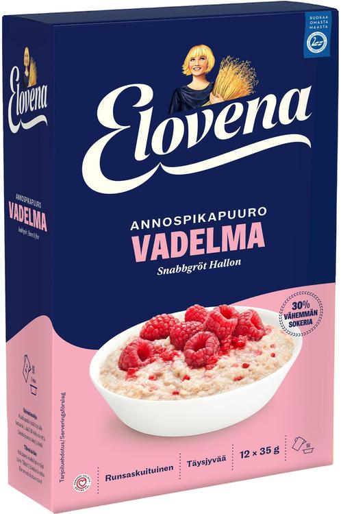 Elovena vähendatud suhkrusisaldusega vaarika-kiirpudruportsjonid 12 × 35 g