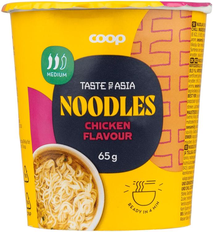 Kiirnuudlid(86%) ja maitseainesegu kanamaitse (8,5%), maitseõli ja tšilliga 65g