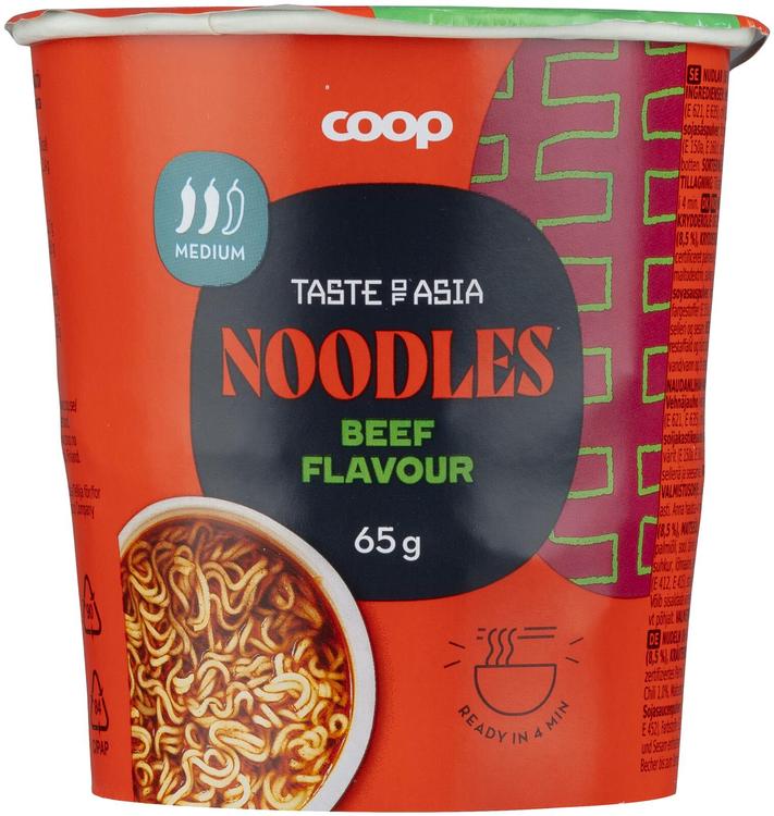 Nuudlid (86%) ja maitseainesegu veiselihamaitse (8,5%), maitseõli ja tšilliga 65g