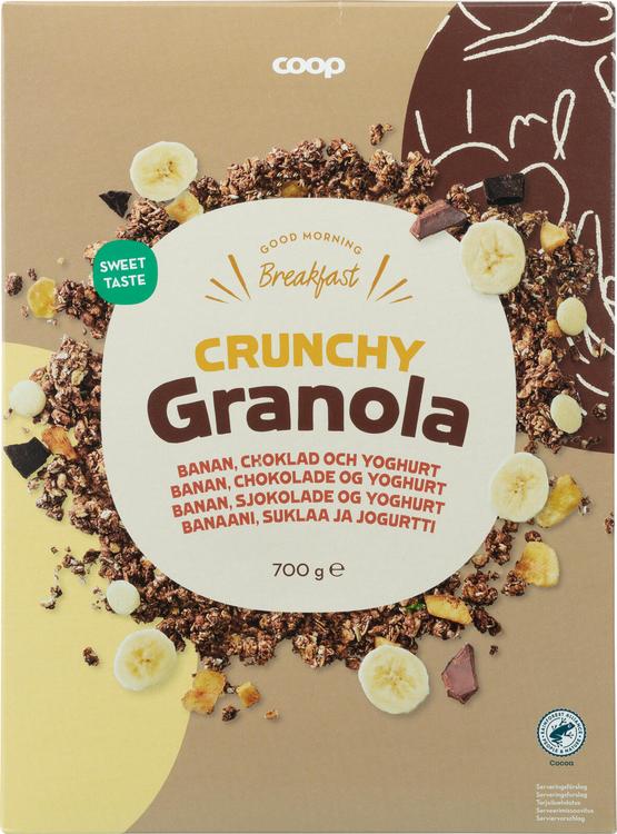 Coop magus granola banaanilaastutükkidega 8%, jogurtiga 7%, tumeda šokolaadiga 2% ja piimašokolaadiga 2% 700g