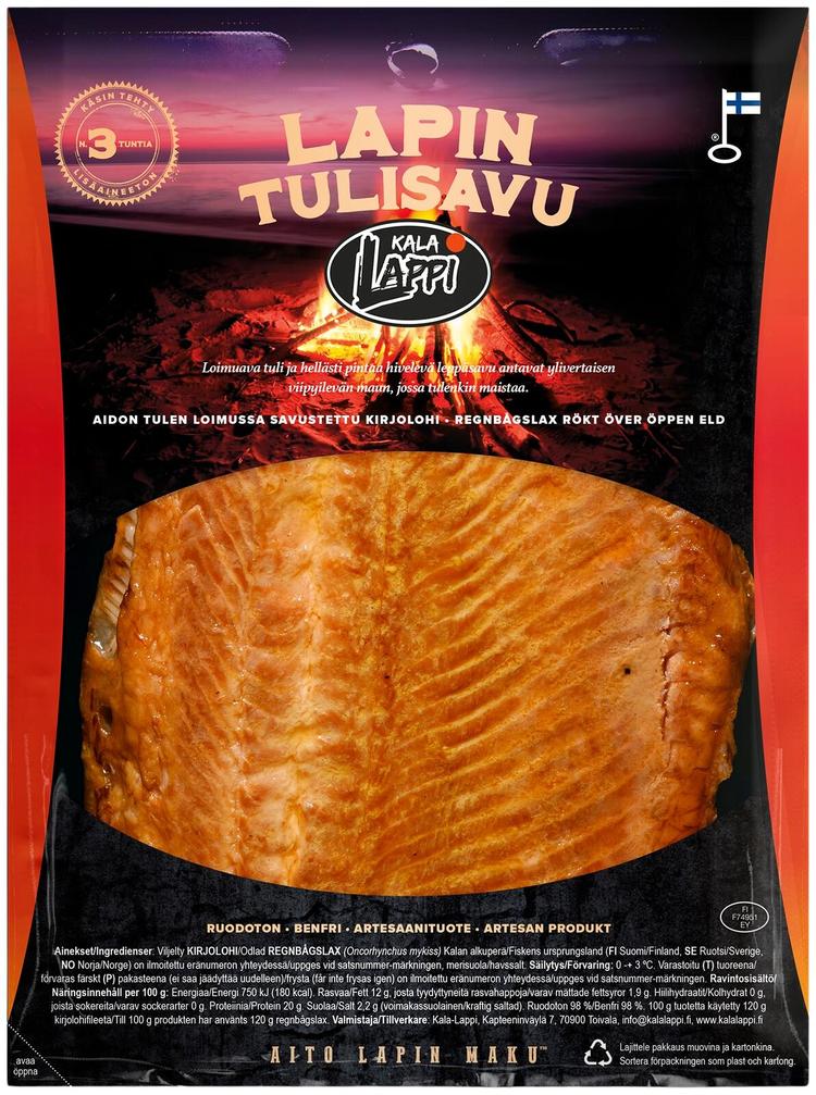 Lapin Tulisavu, aidon tulen loimussa savupesässä kypsennetty kirjolohifilee n.250 g