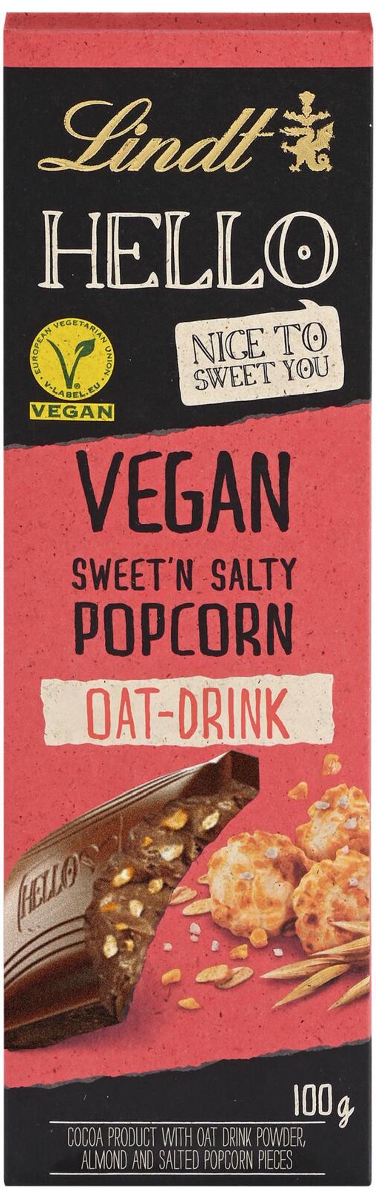 Lindt HELLO Vegan Sweet Salty Popcorn kaakaotuote, vegaaninen suklaalevy 100g