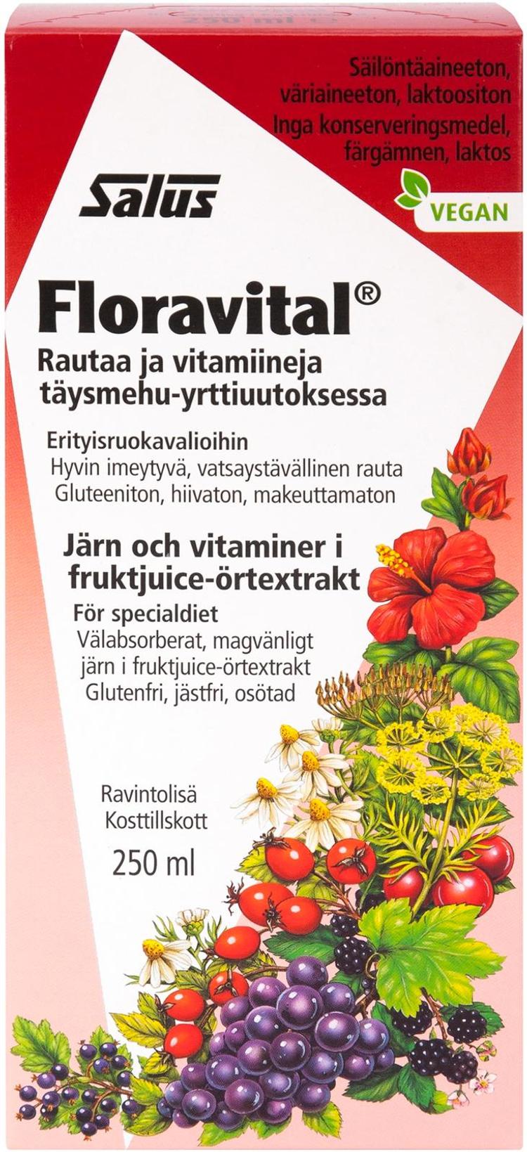 Salus Blutsaft Floravital rautaa ja vitamiineja täysmehu-yrttiuutoksessa 250ml