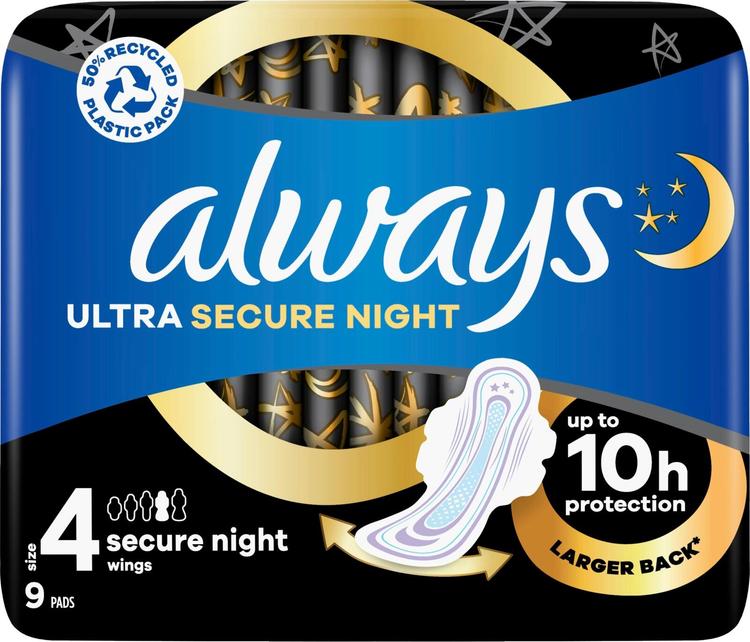 Always Ultra Secure Night 4 siivekkeillä 9kpl terveysside