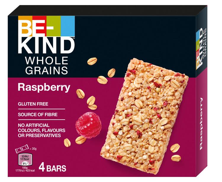 BE-KIND Whole Grains Rasberry 4-pack - täysjyväpatukat vadelmalla (4 x 30 g)