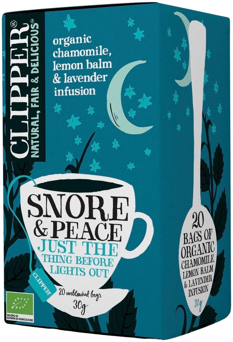 Clipper Snore & Peace. Luomu yrttihauduke, sisältää kamomillaa, sitruunamelissaa ja laventelia 30g / 20 pussia