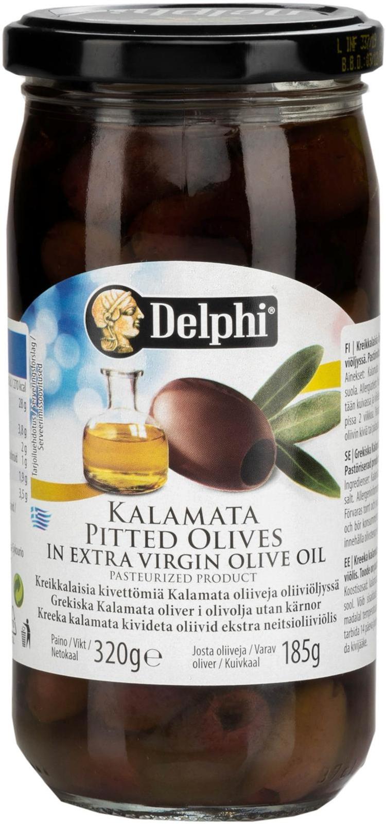 Delphi 340/185g kalamataoliivi kivetön oliiviöljyssä