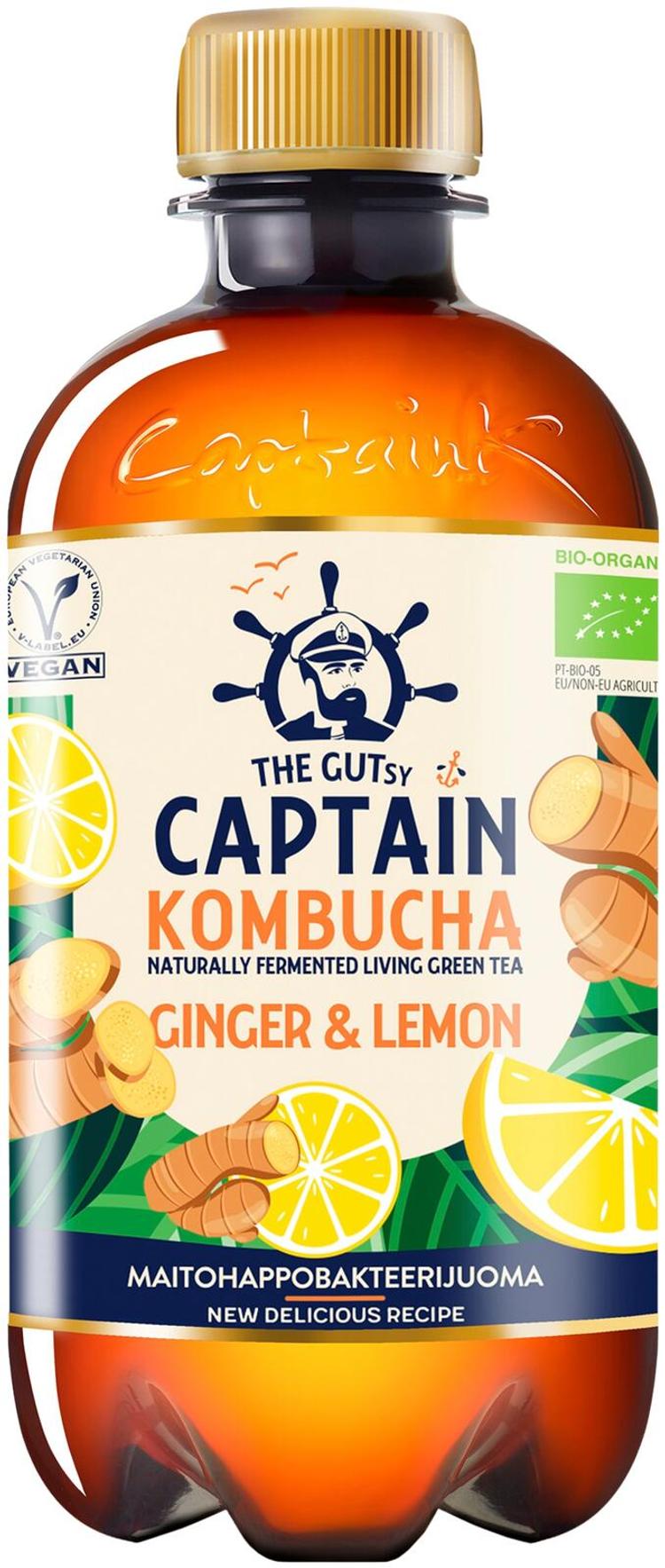 400ml The Gutsy Captain Kombucha Ginger Lemon, Inkiväärin ja sitruunan makuinen kombucha-juoma LUOMU