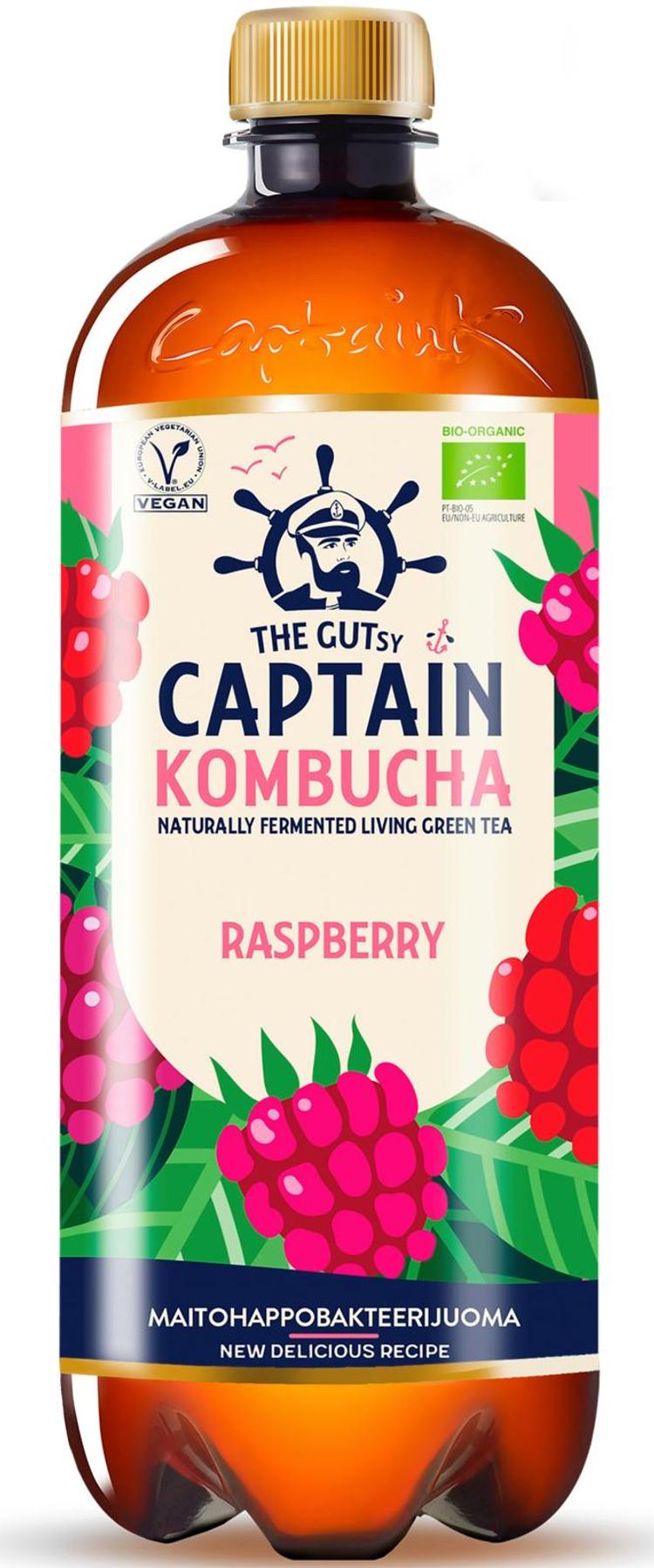 950ml The Gutsy Captain Kombucha California Raspberry, vadelmanmakuinen kombucha-juoma LUOMU