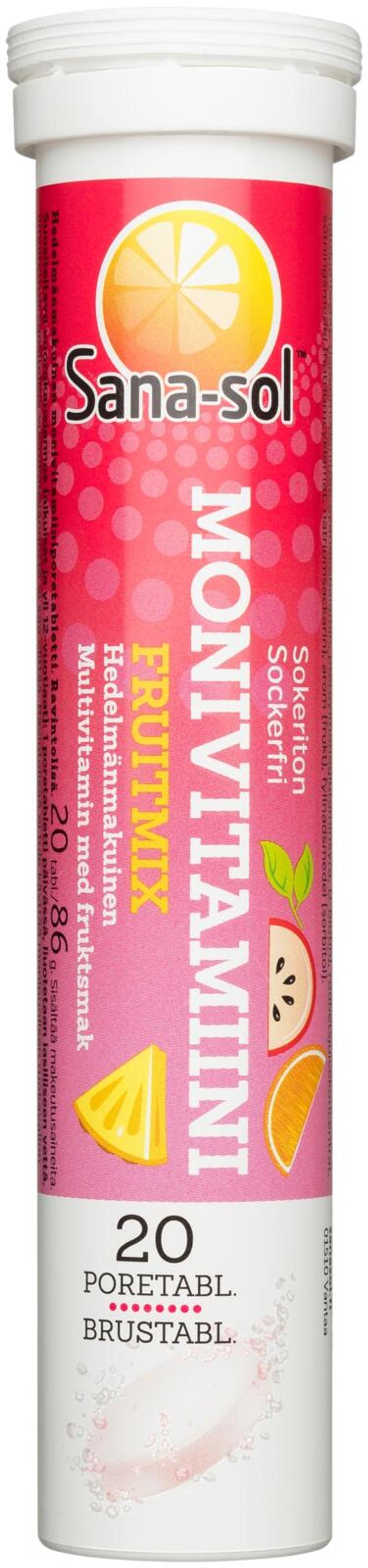 Sana-sol Monivitamiini Fruitmix sokeriton hedelmänmakuinen monivitamiiniporetabletti 20 poretablettia