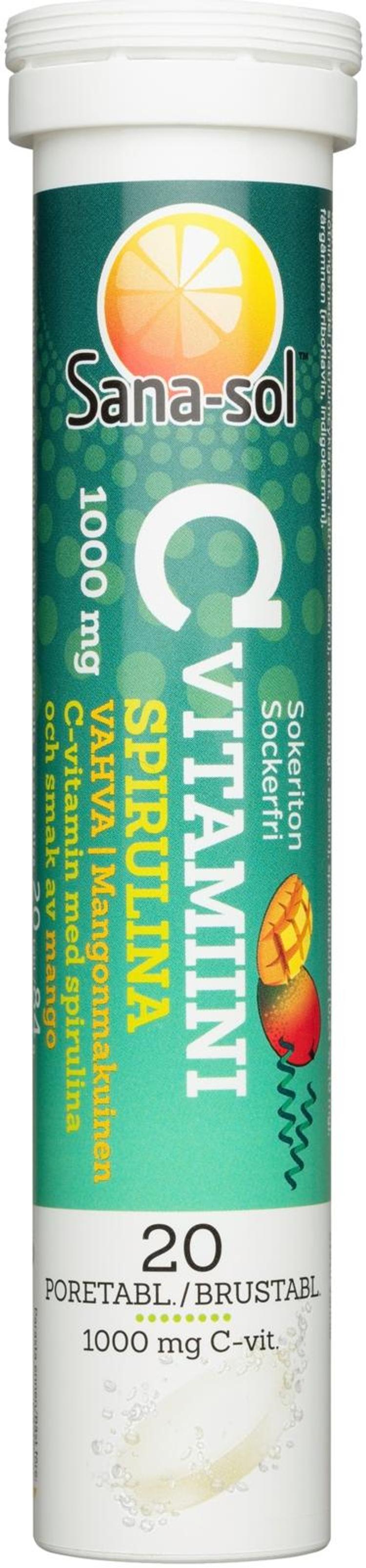 Sana-sol C-vitamiini spirulina 1000mg sokeriton mangonmakuinen C-vitamiiniporetabletti 20 poretablettia