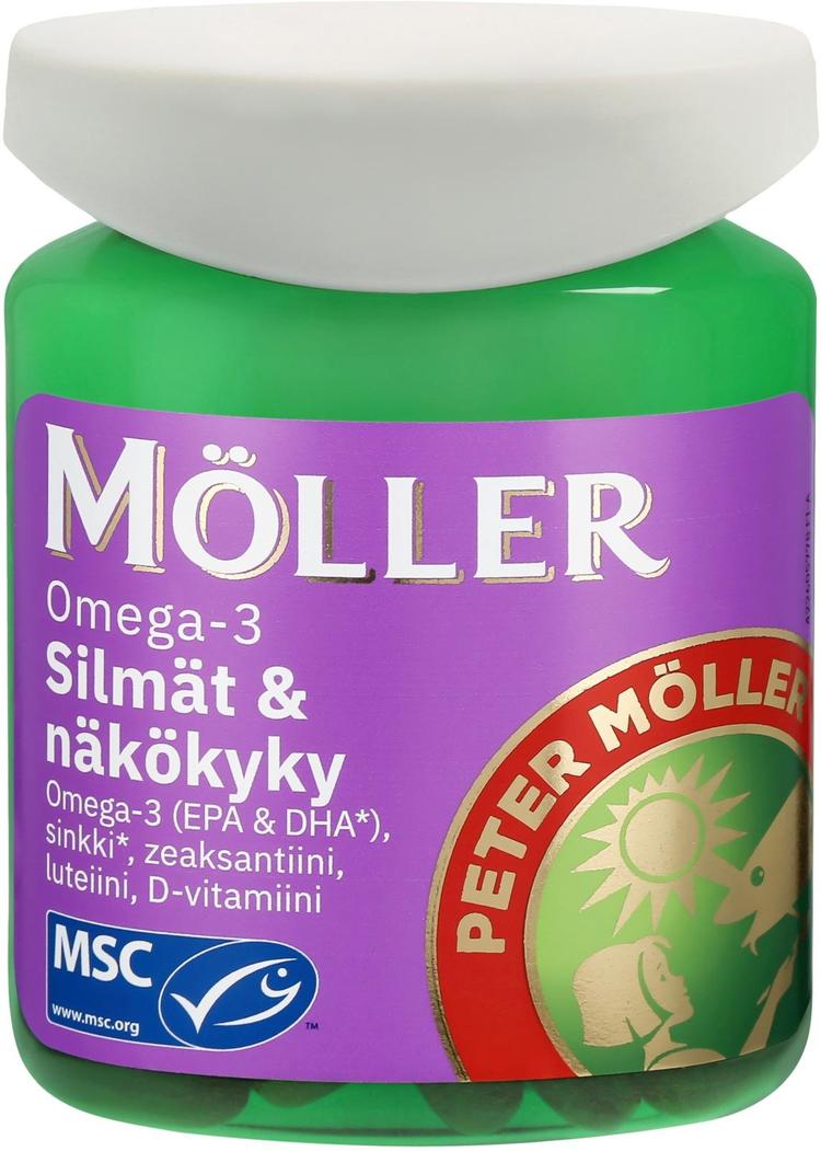 Möller Omega-3 Silmät & näkökyky Omega-3-rasvahappo-luteiini-zeaksantiini-D-vitamiini-sinkki-kapseli ravintolisä 46g/80kaps