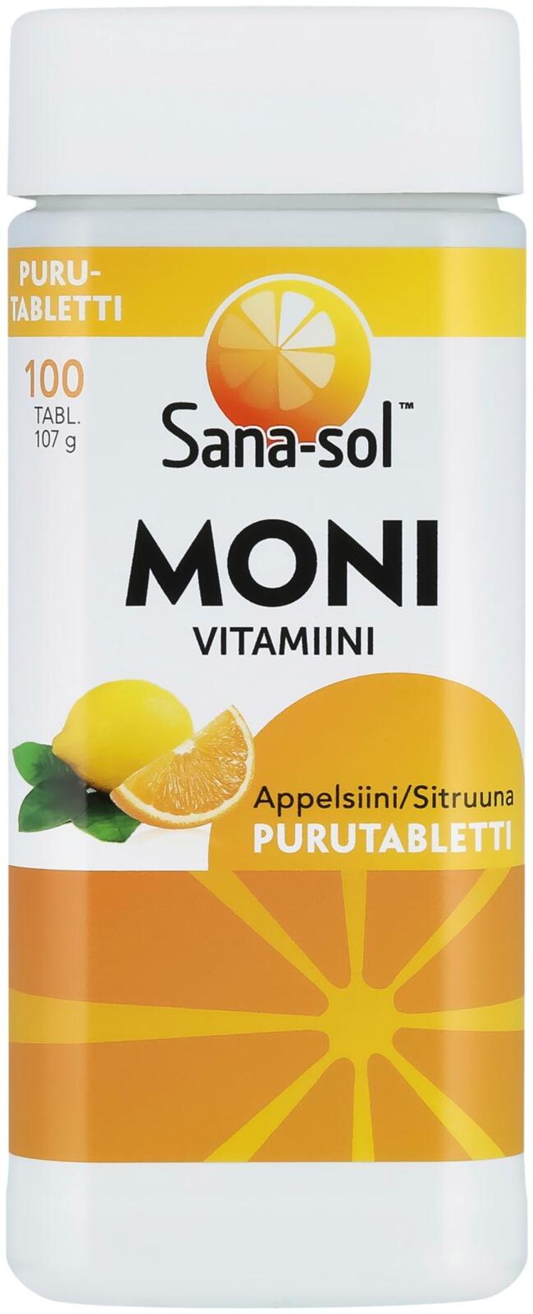 Sana-sol Monivitamiini-kivennäisaine Appelsiini/Sitruuna purutabletti ravintolisä 100tabl/107g