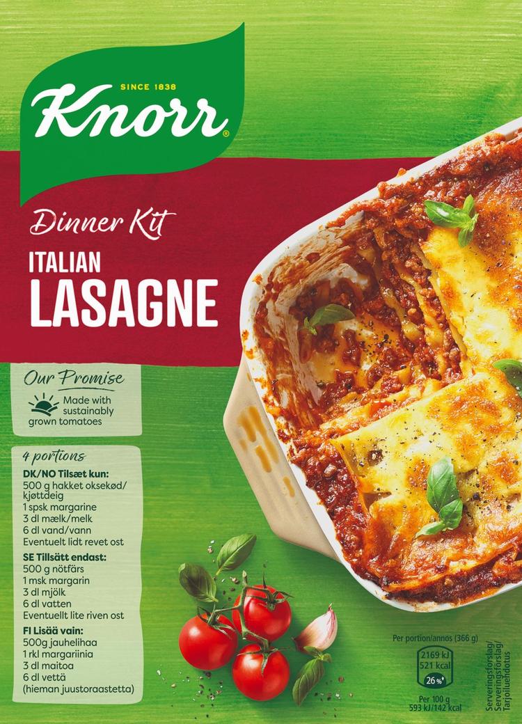 Knorr Lasagne Ateria-aines Ei lisättyä sokeria Helppo ja nopea tehdä 262 g