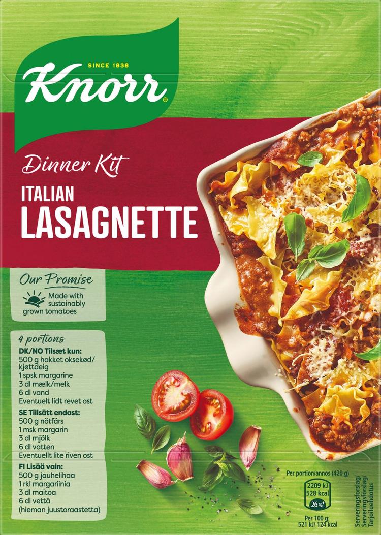 Knorr Lasagnette Ateria-aines Ei lisättyä sokeria Helppo ja nopea tehdä 273 g 3–4 annosta