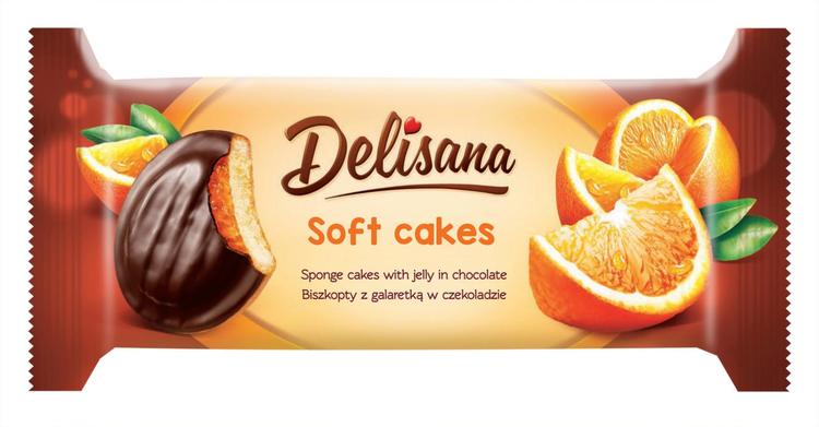 Delisana Soft Cakes pehmeä leivoskeksi appelsiini 135g appelsiinimakuisella hyytelöllä (52%) suklaakuorrutteella.
