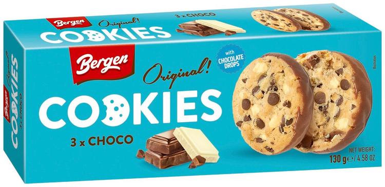 Bergen Original Cookies 3x Choco 130g suklaahippukeksejä valko- ja maitosuklaalla sekä tummasuklaalla